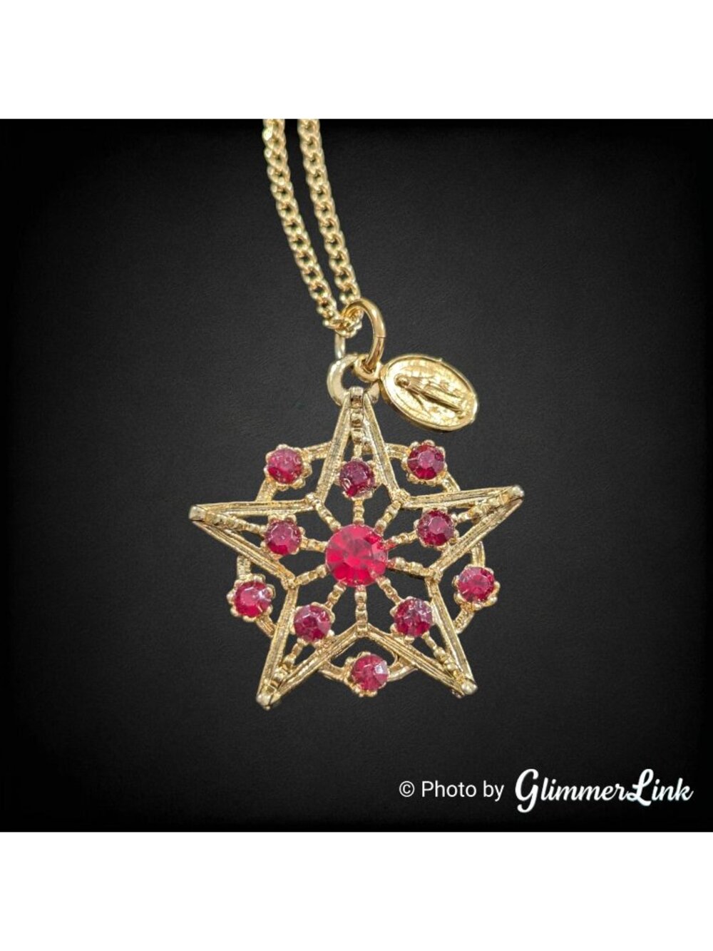Vintage Gold Tone Star Pendant Necklace Miraculous Medal Red Rhinestones